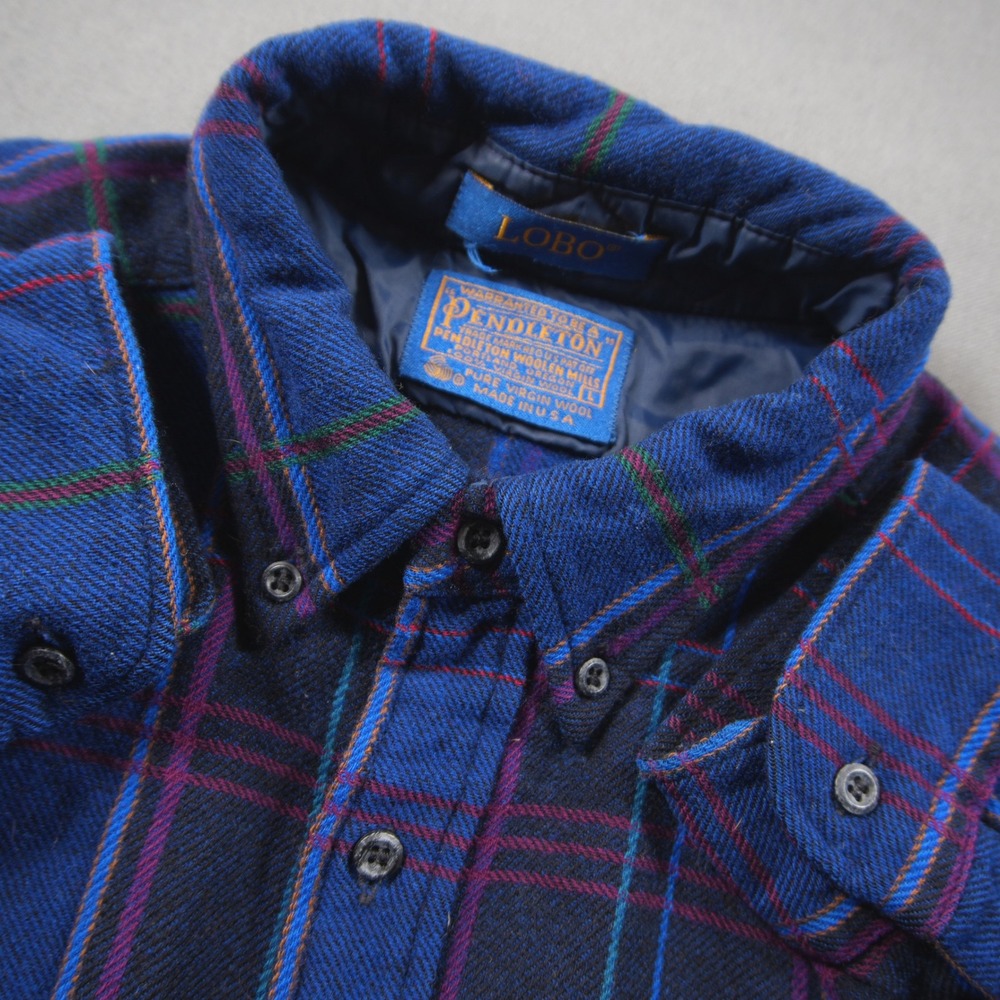 Vintage USA Pendleton Plaid Flannel Wool Men Shirt L Cabin University Black Blue